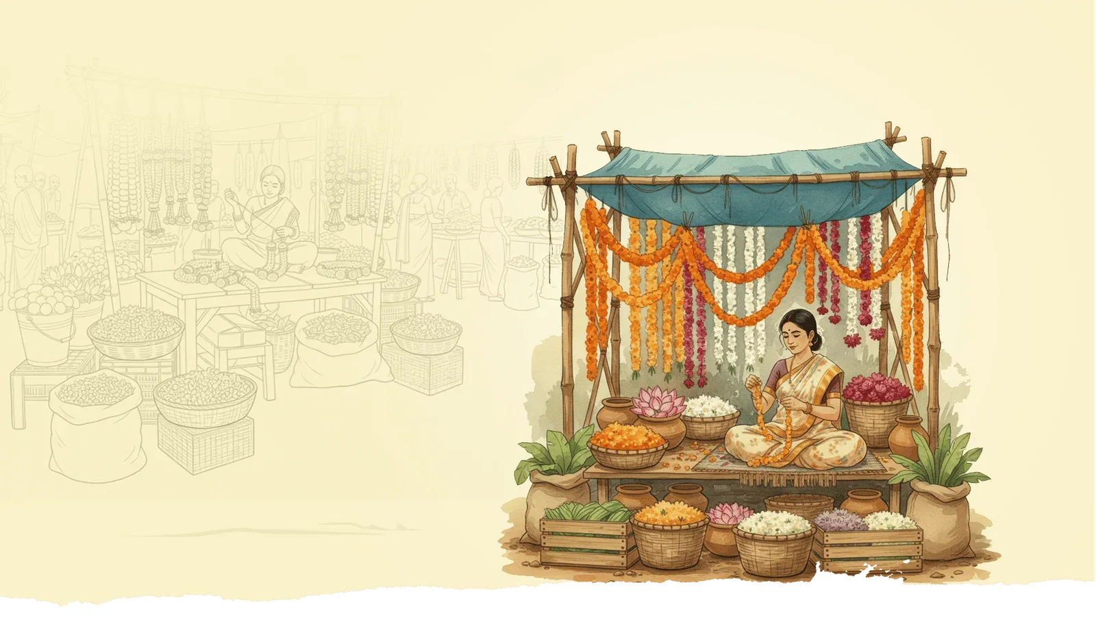 பூக்கடையில் மாலை தொடுக்கும் பெண் — நீர்வண்ண ஓவியம்